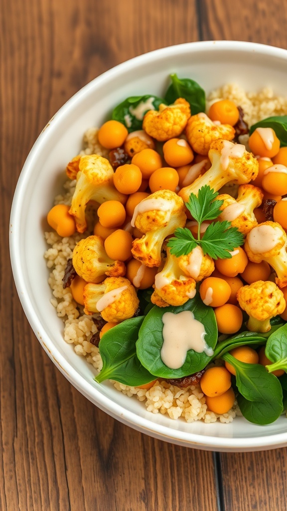 A colorful roasted cauliflower and chickpea bowl with quinoa, spinach, and tahini dressing.